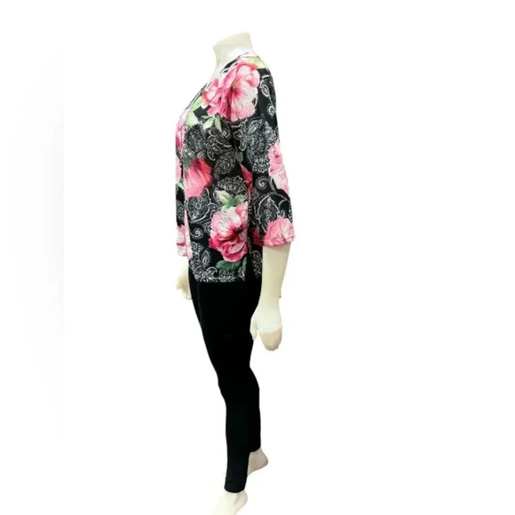 Alfred Dunner NWT Floral Quarter Sleeve Top Pink/Black/Green/White Size PM - Picture 2 of 10